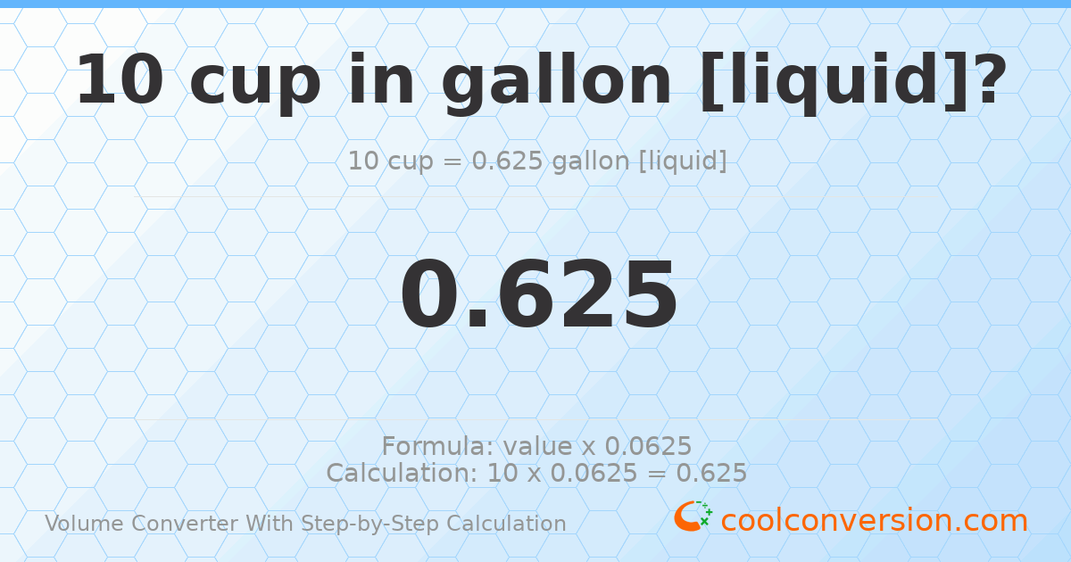 10 cups = 0.625 gallons [liquid]